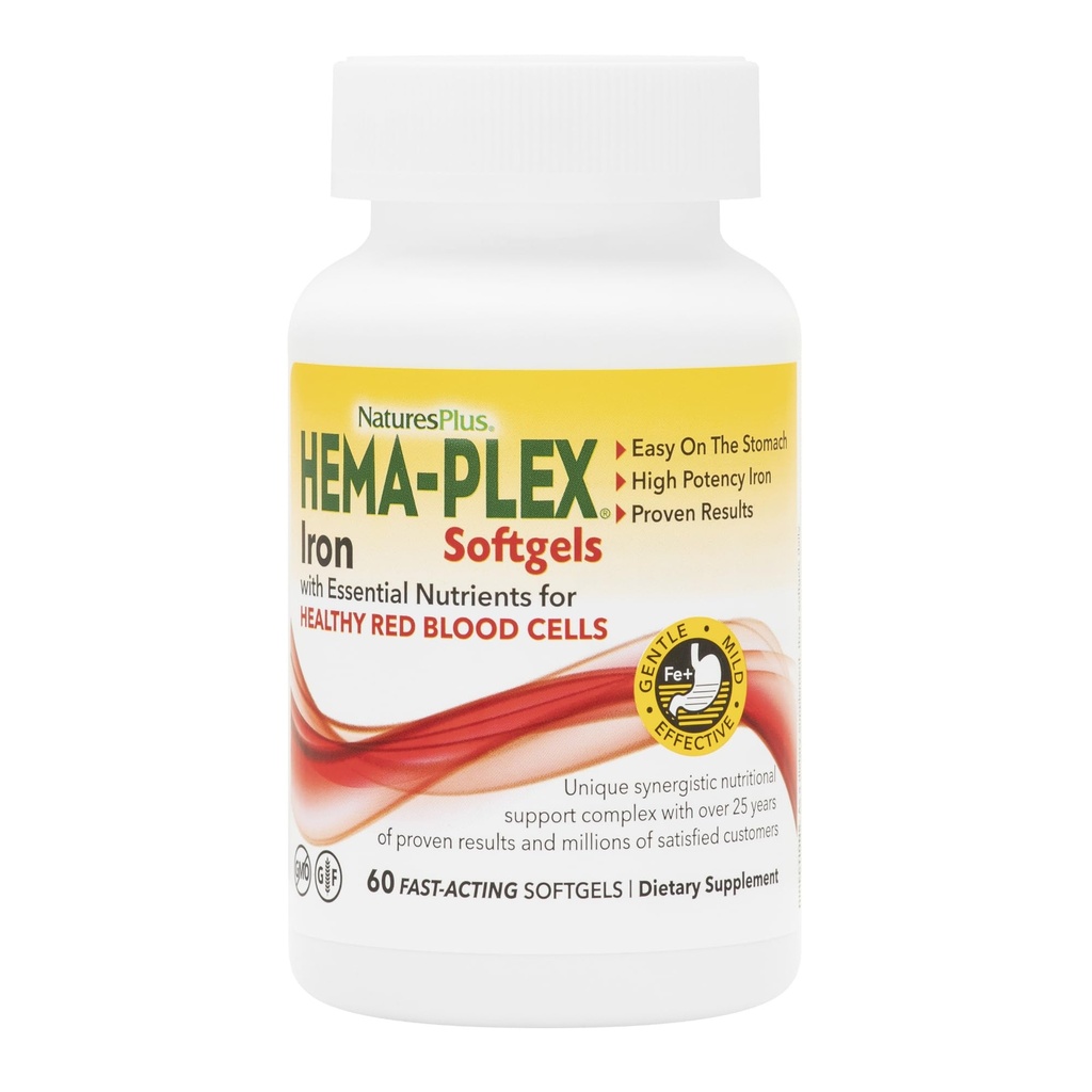 NaturesPlus Hema-Plex Fer - 60 softgels à action rapide - 85 mg Fer + vitamine C et bioflavonoïdes pour cellules rouges saines - Vegan, sans gluten - 20 portions