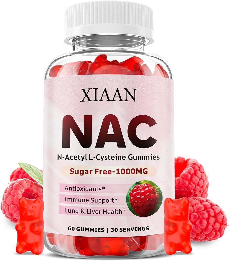 NAC Gummies pour les enfants et les adultes, N Acetyl Cysteine 1000mg NAC supplément pour les antioxydants et le soutien immunitaire, la santé pulmonaire et hépatique, framboise parfum 60 Comte
