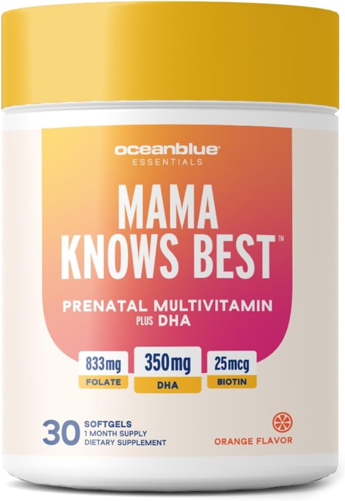 Oceanblue Essentials Mama sait mieux – 30ct – Multivitamine prénatale avec Omega-3 DHA – Soutient une grossesse en santé – Facile à avaler Softgels – Saveur d'orange savoureux – 1 mois d'approvisionnement