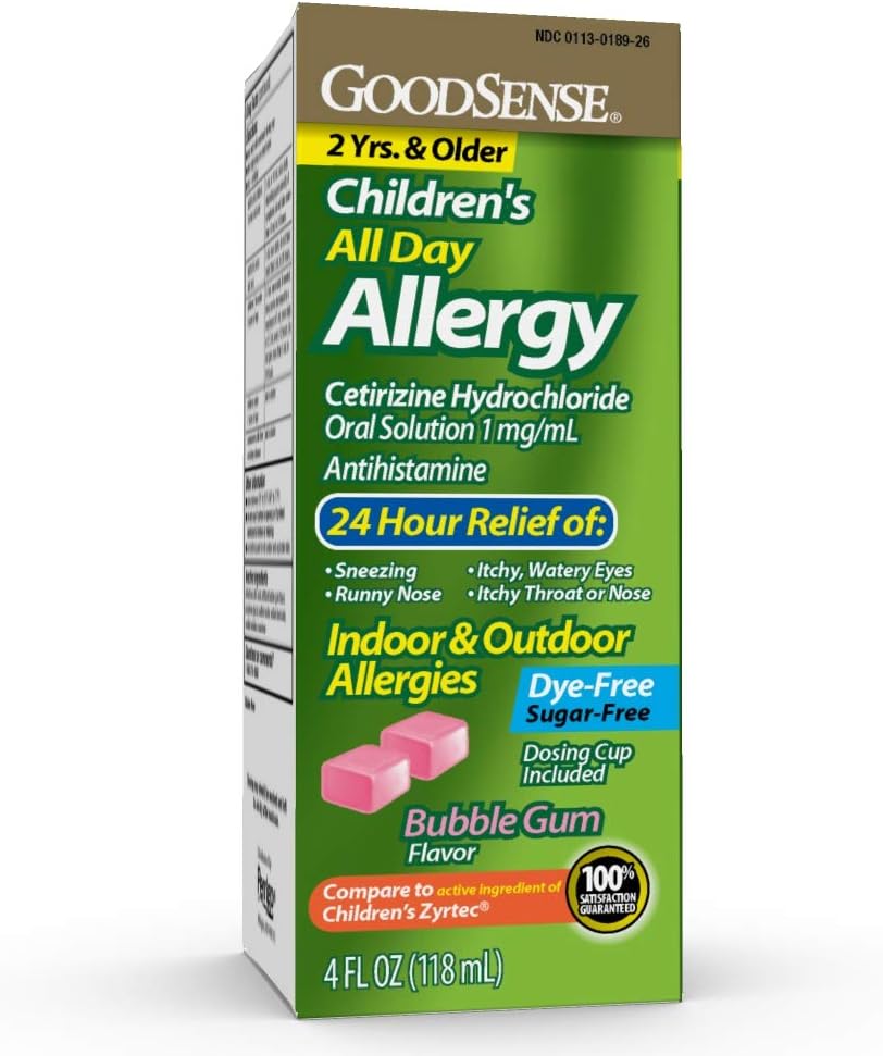 Solution orale de chlorhydrate de cétirizine 1 mg/mL, Bubble Gum Flavor, Sans colorant, Sans sucre, 4 Fluid Ounce