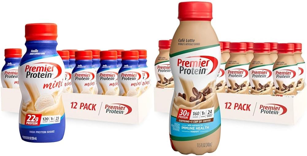Premier Protein Shake MINIs Vanilla 22g Protein 120 Calories Pack de 12 & Café Latte 30g Protein 160 Calories Nutriments pour Imune Health Pack de 12