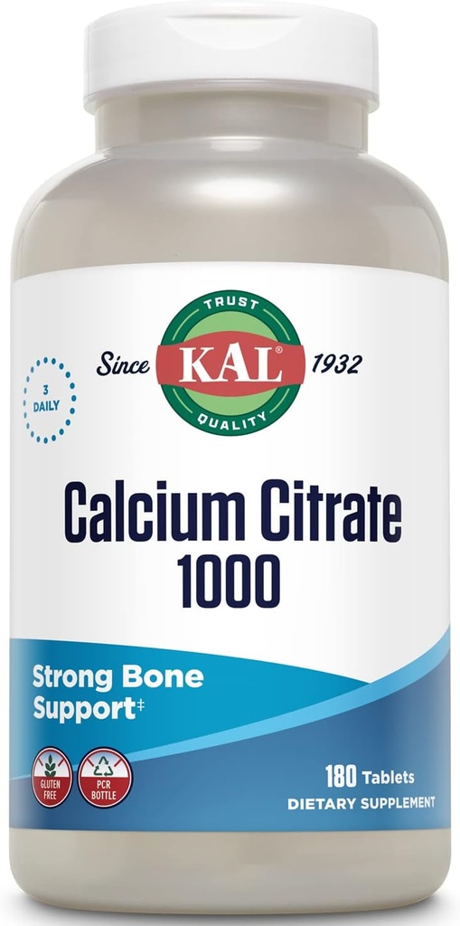 KAL Citrate de calcium 1000mg, Suppléments de calcium pour les femmes et les hommes, Santé des os, Dents, Soutien du système nerveux, musculaire et cardiovasculaire, sans gluten et vérifié en laboratoire, 60 portions, 180 comprimés
