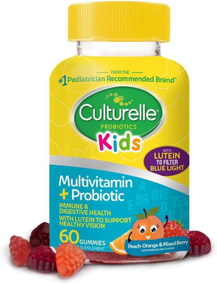 Culturelle Enfants Multivitamine + Probiotique pour les enfants (Âges 2+) - 60 Comte, Peach-Orange & Mixed Berry Flavor - Digestion de la santé et du soutien immunitaire Gommies avec lutéine pour soutenir la santé des yeux