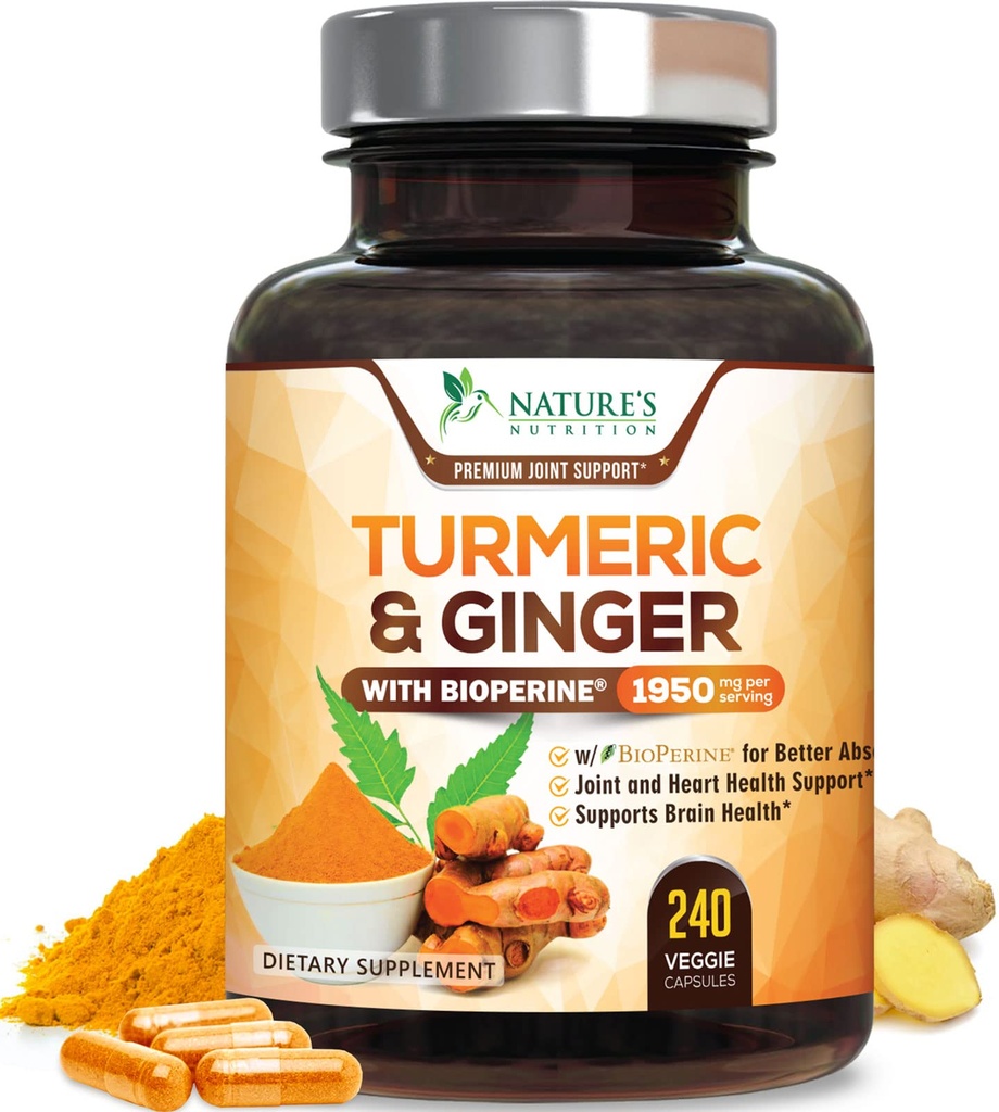Supplément curcumin curcumin curcuma 1950mg - 95% Curcuminoides avec curcuma et gingembre bio, Pepper noir BioPerine pour la meilleure absorption, support de joint végétalien de la nature, non-OGM, mis en bouteille aux États-Unis - 240 Capsules