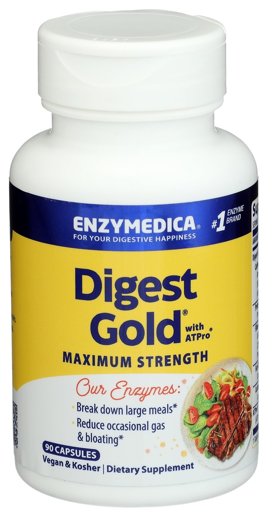 Enzymedica Digest Gold + ATPro, Enzymes digestifs de force maximale, aide à digérer les repas gros pour le soulagement de ballonnement instantané, 90 Compte