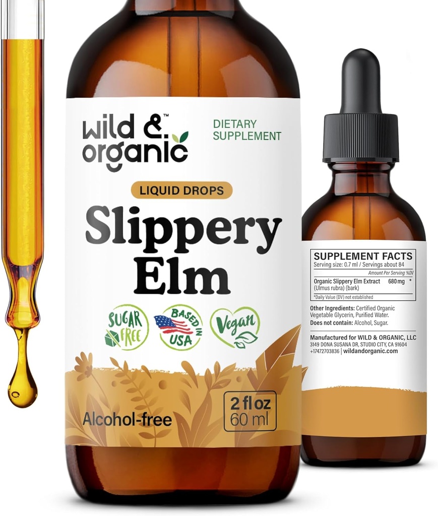 Slippery Elm Drops sauvage et biologique - Lung, Digestive & Women's Support - Slippery Elm Teinture d'écorce - Ulmus liquide Rubra Extract Supplément - Vegan, Sucre & Sans alcool - 2 fl oz