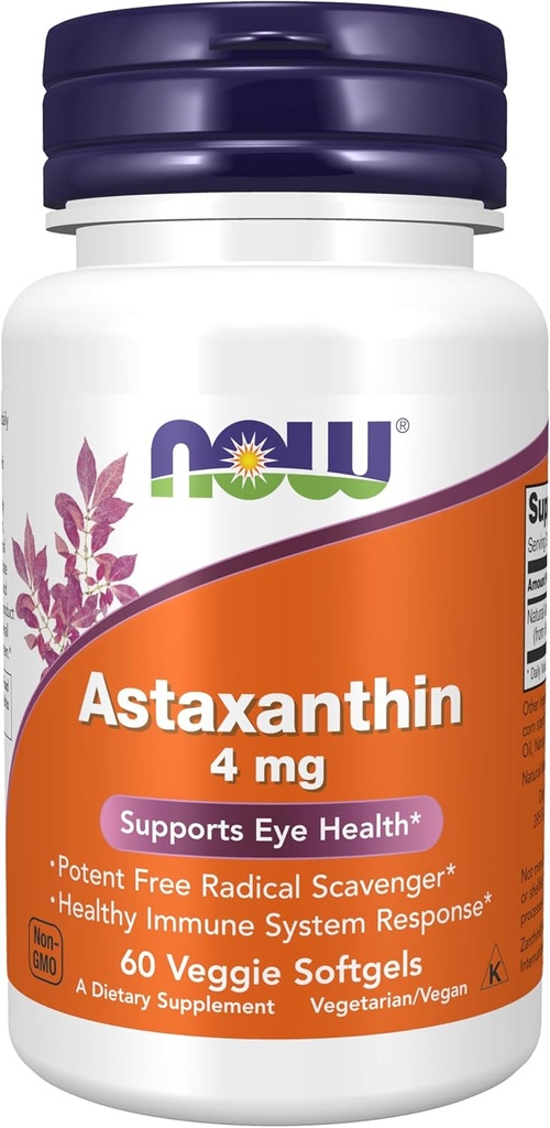 MAINTENANT Aliments suppléments, Astaxanthin 4 mg, présente Zanthin®, soutient la santé des yeux*, 60 softgels veg
