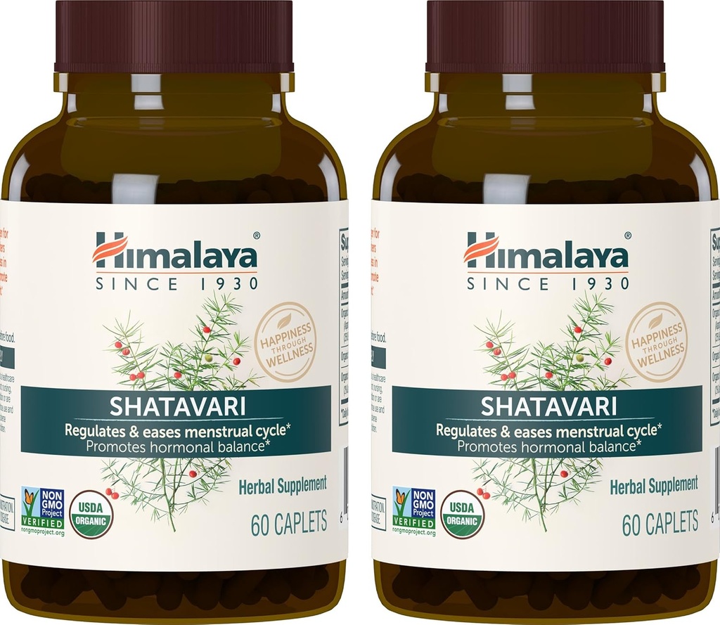 Shatavari biologique de l'Himalaya pour les SPM, le soulagement des crampes menstruelles, le soutien à la ménopause et la santé des femmes, 1 300 mg, 60 Caplets, 2 mois d'approvisionnement, 2 paquets