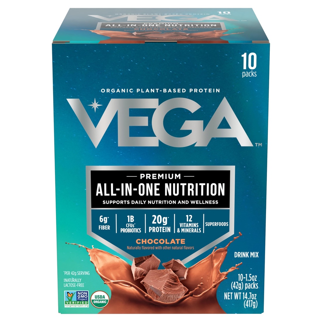 Vega bio tout-en-un en poudre de protéines végétaliennes, chocolat - Superaliments ingrédients, vitamines pour le soutien immunitaire, Keto Friendly, protéines de pois pour les femmes et les hommes, 14,7 oz (paquetage mai vary)