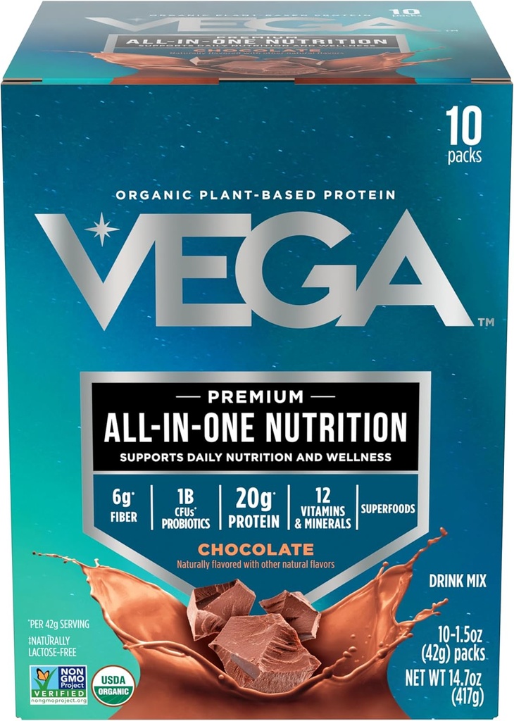 Vega bio tout-en-un en poudre de protéines végétaliennes, chocolat - Superaliments ingrédients, vitamines pour le soutien immunitaire, Keto Friendly, protéines de pois pour les femmes et les hommes, 14,7 oz (paquetage mai vary)