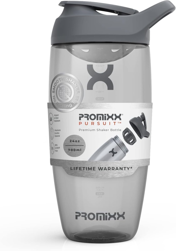 Bouteille de shaker protéinique Promixx (24 oz) – Mélangeur silencieux sans bille, couvercle de fuite-proof, ECOZEN sans BPA/BPS et sans phtalate – Coupe de shaker facile à nettoyer pour les smoothies pré- & post-entraînement