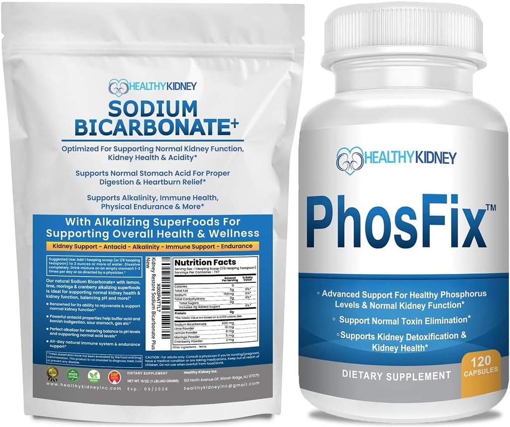 Supplément bio de bicarbonate de sodium Alcaline: 1LB poudre pour l'alcalinité, le rein et l'acide support + PhosFix 120 pilules Binder Phosphorus pour les niveaux de phosphore sains et la santé du rein Suppeur rénal