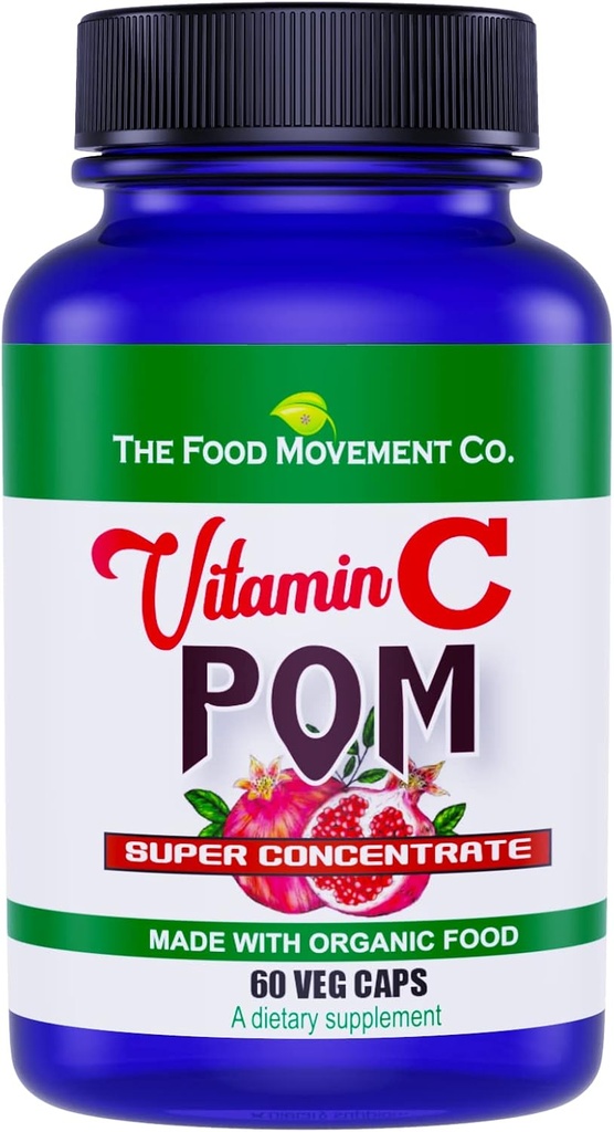Le Mouvement Alimentaire Vitamine C Pom - Concentré Superalimentaire de grenade combinée avec 100% Vitamine C à base végétale de cerise d'acérola biologique et Camu Camu- Vegan - Sans gluten - 60 Capsules