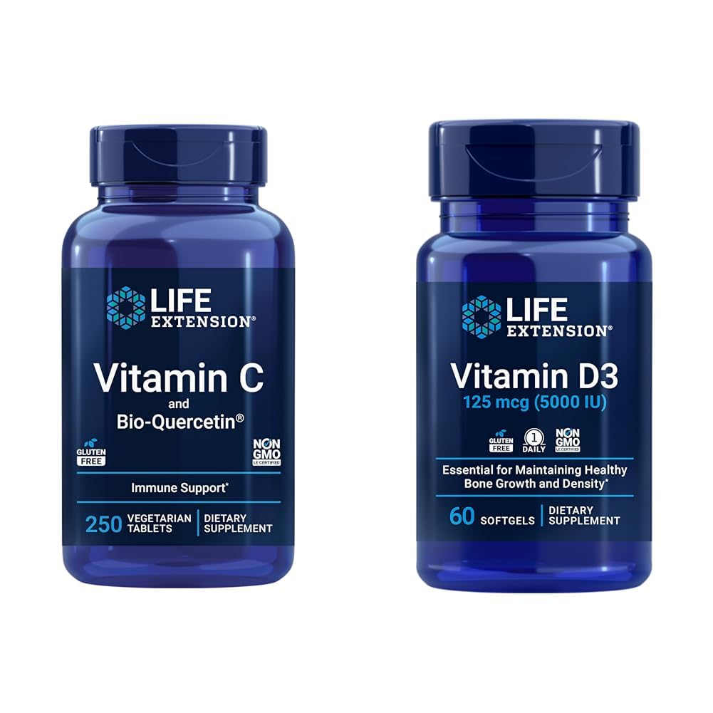 Prolongation de la durée de vie Vitamine C & Quercetin Plus Vitamine D3 5000 UI - 250 comprimés Vitamine C Immune Support Plus 60 softgels Vitamine D3 pour la santé des os, du cerveau et des immunes