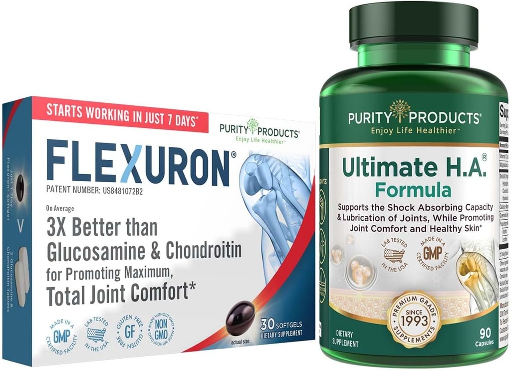 Produits de pureté Flexuron Formule articulaire + Ultimate HA Flexuron (huile de krill, acide hyaluronique à faible poids moléculaire, astaxanthine) - Ultimate H.A. (Collagène de BioCell, Quercetin, acide hyaluronique + Plus)