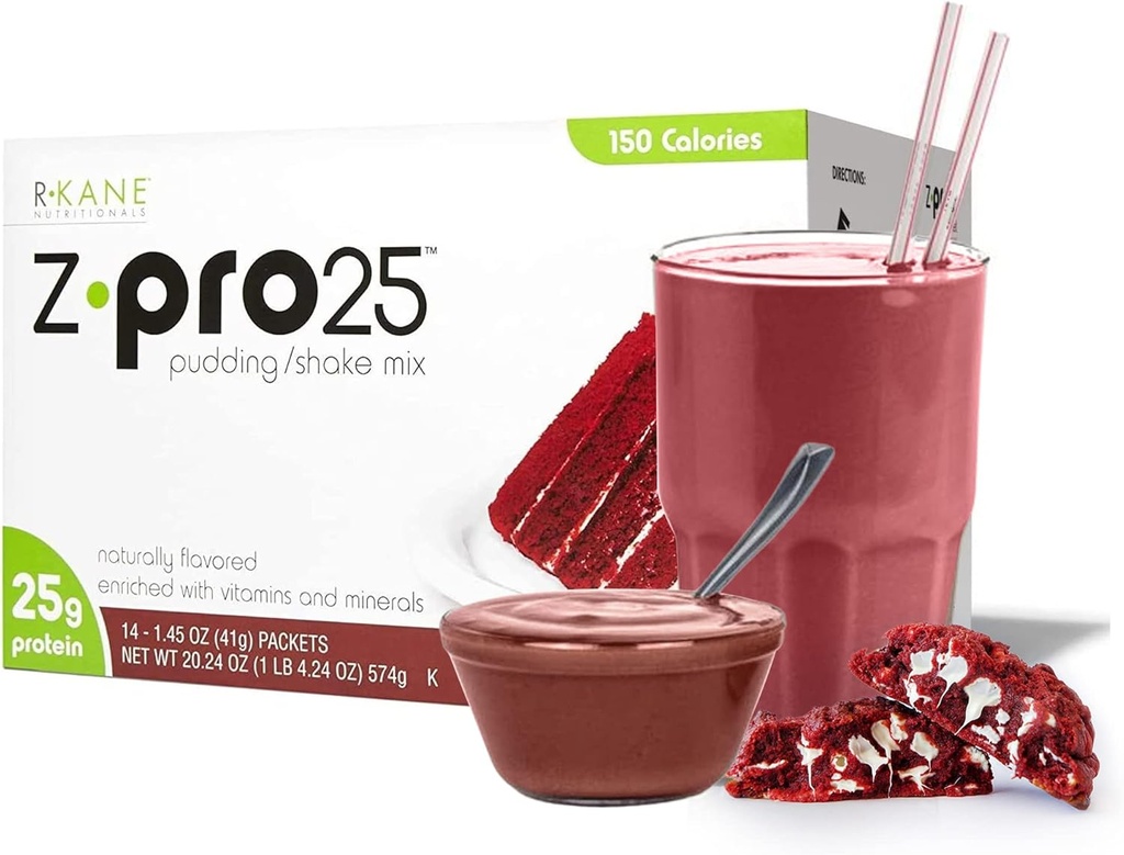 R-Kane Nutritionals Z-Pro Rouge Velvet boisson de boisson - haute protéine, faible teneur en calories faible gras Shake et pudding mélange - repas de remplacement, packets sur le pouce - Petit déjeuner Boost - 25g Protéines - 14 packets