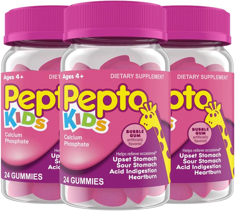 Pepto Kids Gummies, aide à soulager l'estomac occasionnelle, l'indigestion acide, l'estomac acide et les brûlures d'estomac, 72 Total (3 paquets de 24)