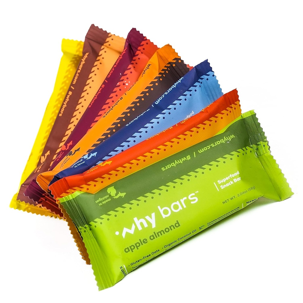 Pourquoi barres, barres protéiques, pack de variétés, 2.04 Bars d'once (paquet de 7 barres protéiques) - Superfood de barres protéiques, sans gluten, sans OGM, biologique, végétalien, ingrédients simples
