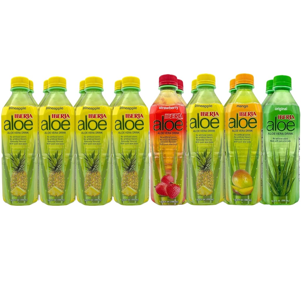 Iberia Aloe Vera boisson avec pur aloe pulpe (paquet de 16) 10 x ananas, 2 x original, 2 x fraise, 2 x mangue