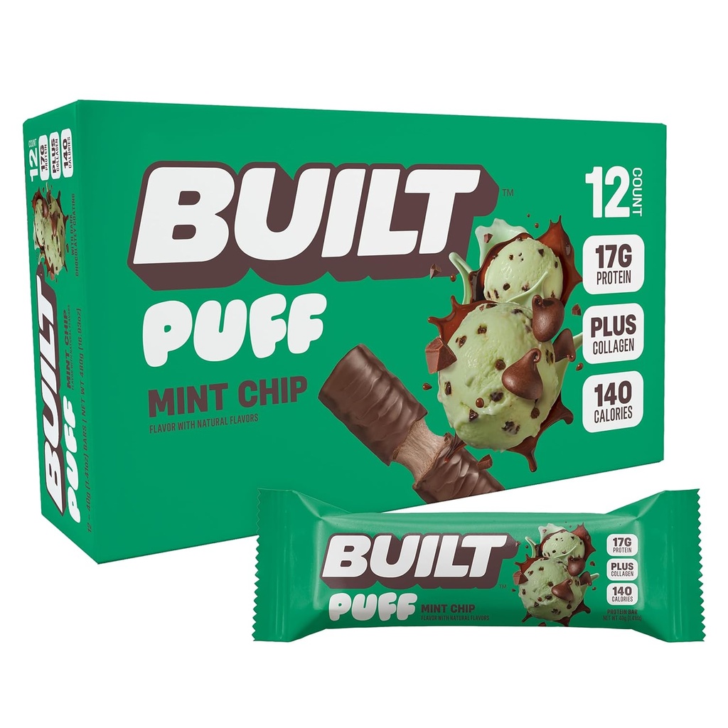 Barre construite, barres protéinées de puff, puff à la menthe, 17g de collations protéinées, barres en marche, seulement 140 calories, 6g de sucre, collagène, sans gluten, 12 nombre