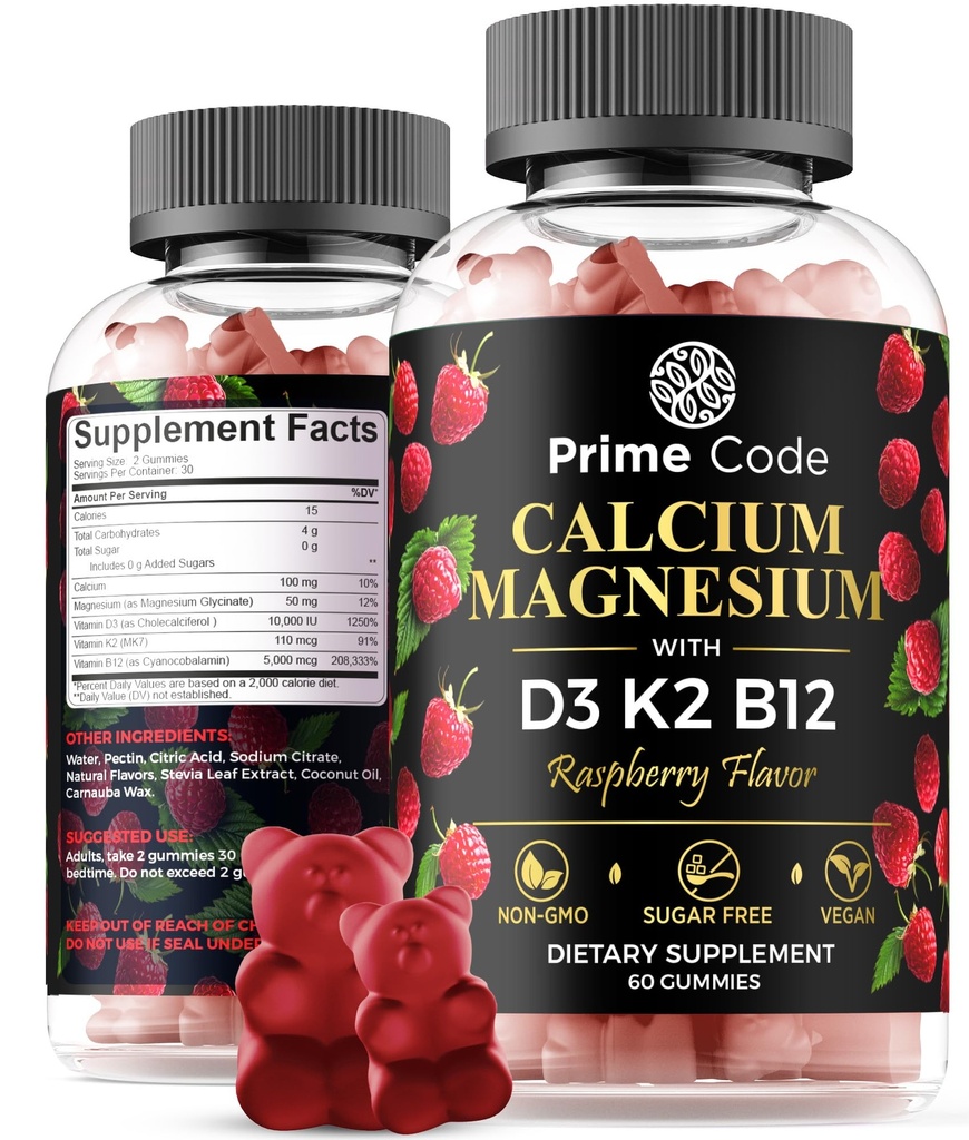 [ 𝟓 𝐢𝐧 𝟏] Calcium Gummies for Women & Men with Magnesium Vitamin B12 Vitamin K2 & Vitamin D3 | Calcium Supplement for Adults 100mg, Magnesium Supplement for Adults 50mg | Vegan | Non-GMO
