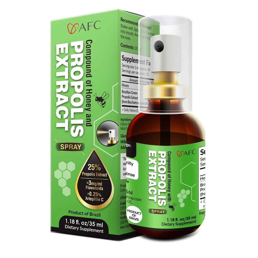 AFC Japon Extrait de propolis verte brésilienne avec vaporisateur de miel, 25% Extrait de propolis (35% Extrait sec), Riche en flavonoïdes (>3mg/mL) Composé de miel avec vaporisateur de propolis