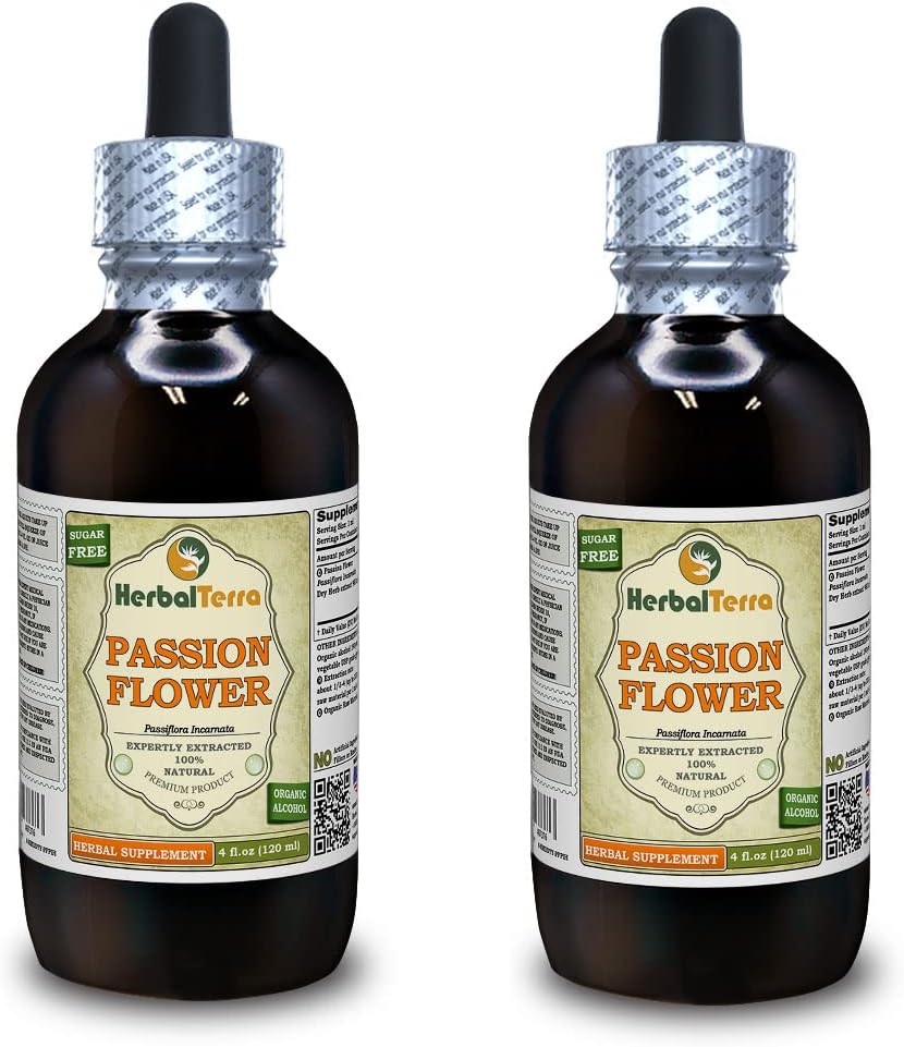 Fleur de passion (Passiflora Incarnata) Teinture, extrait liquide d'herbe séchée biologique (Marque: HerbalTerra, Fièrement fabriqué aux États-Unis) 2x4 fl.oz (2x120 ml)