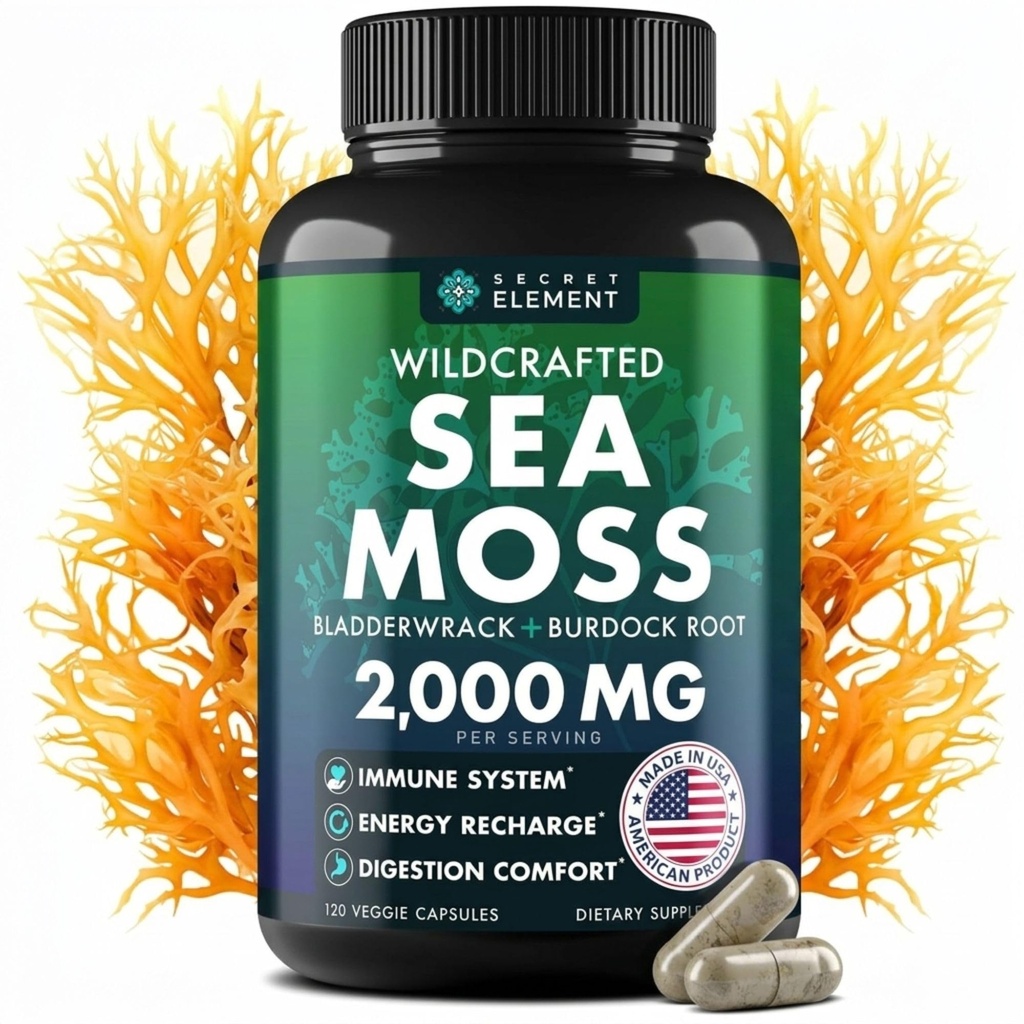 Capsules de mousse de mer - Irish Sea Moss Advanced avec la racine de Burdock, Bladderwrack et Muira Puama pour l'immunité, Gut, et l'énergie - Superfood Sea Moss Suppléments avec/Raw Sea Moss Powder - 120 Irish Seamoss Pills