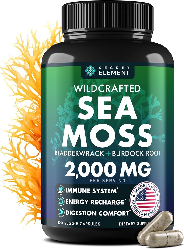 Capsules de mousse de mer - Irish Sea Moss Advanced avec la racine de Burdock, Bladderwrack et Muira Puama pour l'immunité, Gut, et l'énergie - Superfood Sea Moss Suppléments avec/Raw Sea Moss Powder - 120 Irish Seamoss Pills