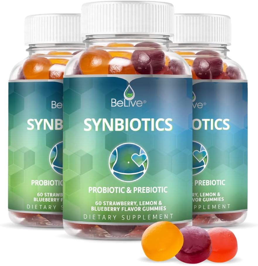 BeLive Synbiotics - Gommies de fibre probiotique et prébiotique – Inuline haute résistance (3g), Supplément de fibre diététique, Soutien digestif pour les enfants et les adultes - Fraise, citron, Blueberry Flavor