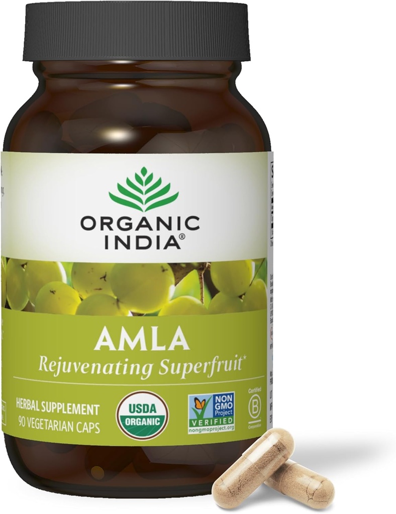 Organic India Amla Capsules Organic - supplément de vitamine à base de plantes de Gooseberry indien, supplément d'amla, soutien immunitaire, végétalien, sans gluten, ayurvédique, antioxydant, non-OGM - 90 capsules