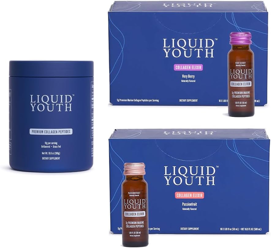 Collagen Peptides Powder & Liquid Collagen Elixir Shots for Women & Men - Type I & III Premium Grass-fed Bovine & Marine Collagen - Promotes Hair Growth, Skin, Nail, Bone & Joint Health (50 Servings)