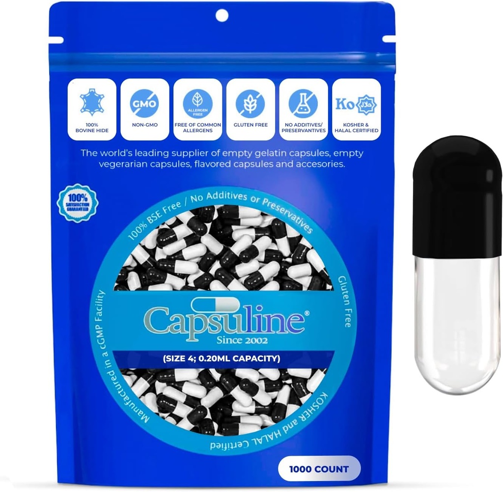 Capsuline Taille 4 Capsules de gélatine vides, Noir/Clear - 1000 Count.