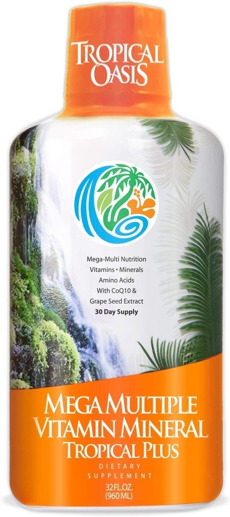 Oasis tropicale Mega Plus - Multivitamine liquide et supplément minéral – Comprend 85 vitamines et minéraux, 20 acides aminés + CoQ10, extrait de graines de raisin et Aloe Vera organique - 32oz, 32 portions, 33460