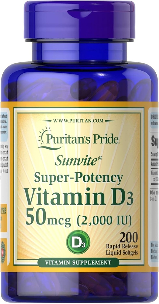 Vitamine D3 50mcg (2 000 UI) Bolsters Immune Health by Puritan's Pride for Support of Immune Health and Healthy Bones and Teeth 200 Softgels