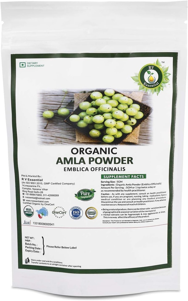 R V Poudre essentielle d'amla biologique 100gm/ 3,53oz/ 0,22lb- Emblica Officinalis Poudre de fruits d'amla pour cheveux USDA complément à base de plantes ayurvédiques certifié biologique dans une poche à fermeture éclair réutilisable et réutilisable