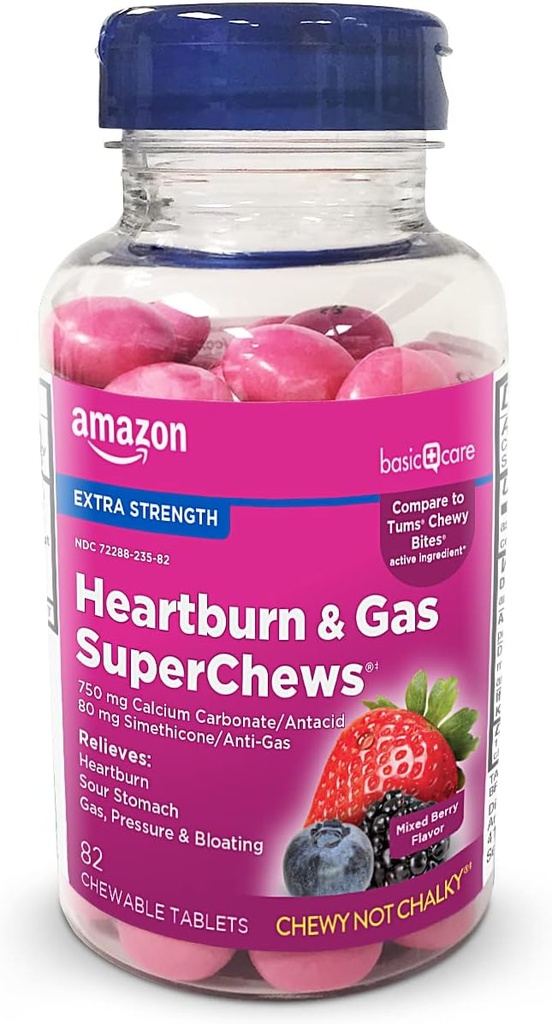 Soins de base Heartburn & Gas SuperChews Chewables Comprimés, Berry mixte, 82 Compte (précédemment santé saine)
