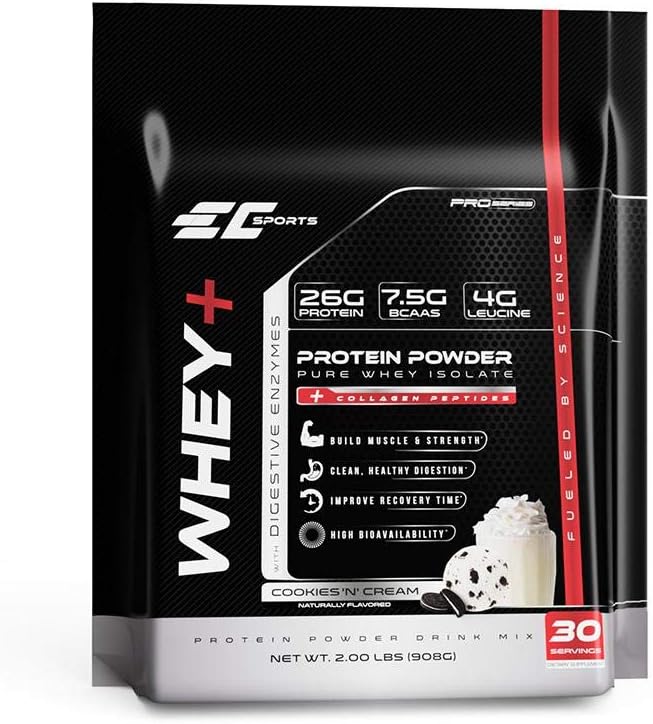 EC Sports Whey+ Poudre de protéines, Cookies n Mélange de crème avec/enzymes digestives - Supplément isolat, Collagène Peptides avec/Réforme de grille - 30 portions