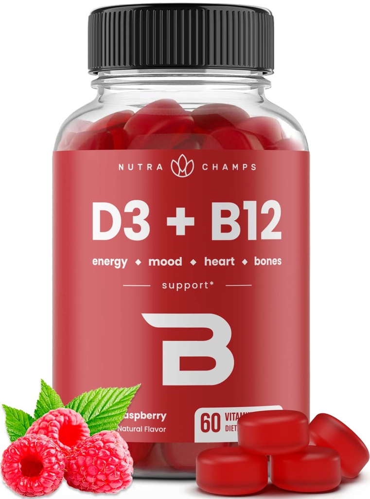 NutraChamps Vitamine D3 & B12, Méthyl B12 Gummies pour adultes et enfants, Enhanced with Vitamine D 3 & B9 Vitamine Folate, Énergie naturelle, Mood, Métabolisme & Focus, Framboise, 60 Gummies
