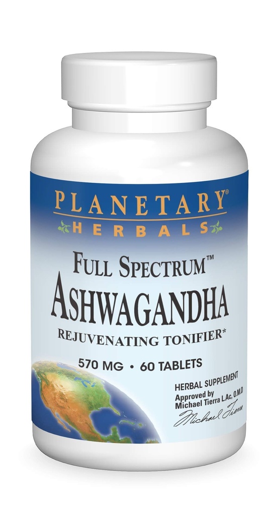 Herbes Planétaires Ashwagandha, Full Spectrum 570 mg Tonificateur rajeunissant - 60 comprimés