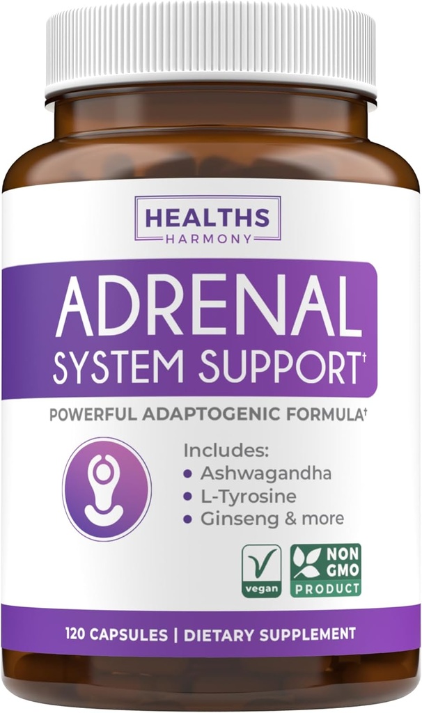 Soutien adrénal et gestionnaire de cortisol (non-OGM) Puissante santé adrénale avec L-Tyrosine et Ashwagandha - Maintenir des niveaux équilibrés de cortisol et de soulagement du stress - Supplément de fatigue - 120 capsules