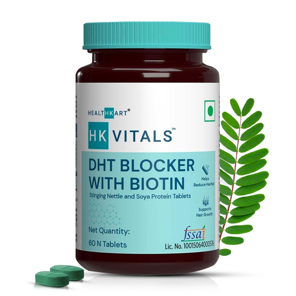 HK Vitals Blocker DHT avec Biotine, Sting Nettle et SOYA Protein, aide à réduire la chute des cheveux, stimule la croissance des cheveux, 60 comprimés
