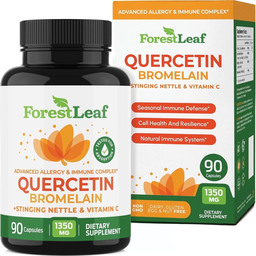 ForestLeaf Quercetin avec Bromelain 1350mg - Mélanger avec supplément de vitamine C et de nervure scintillante, capsules Quercetin 500mg, sans gluten sans OGM, fonction immunitaire et respiratoire naturelle, 90 capsules de légumes