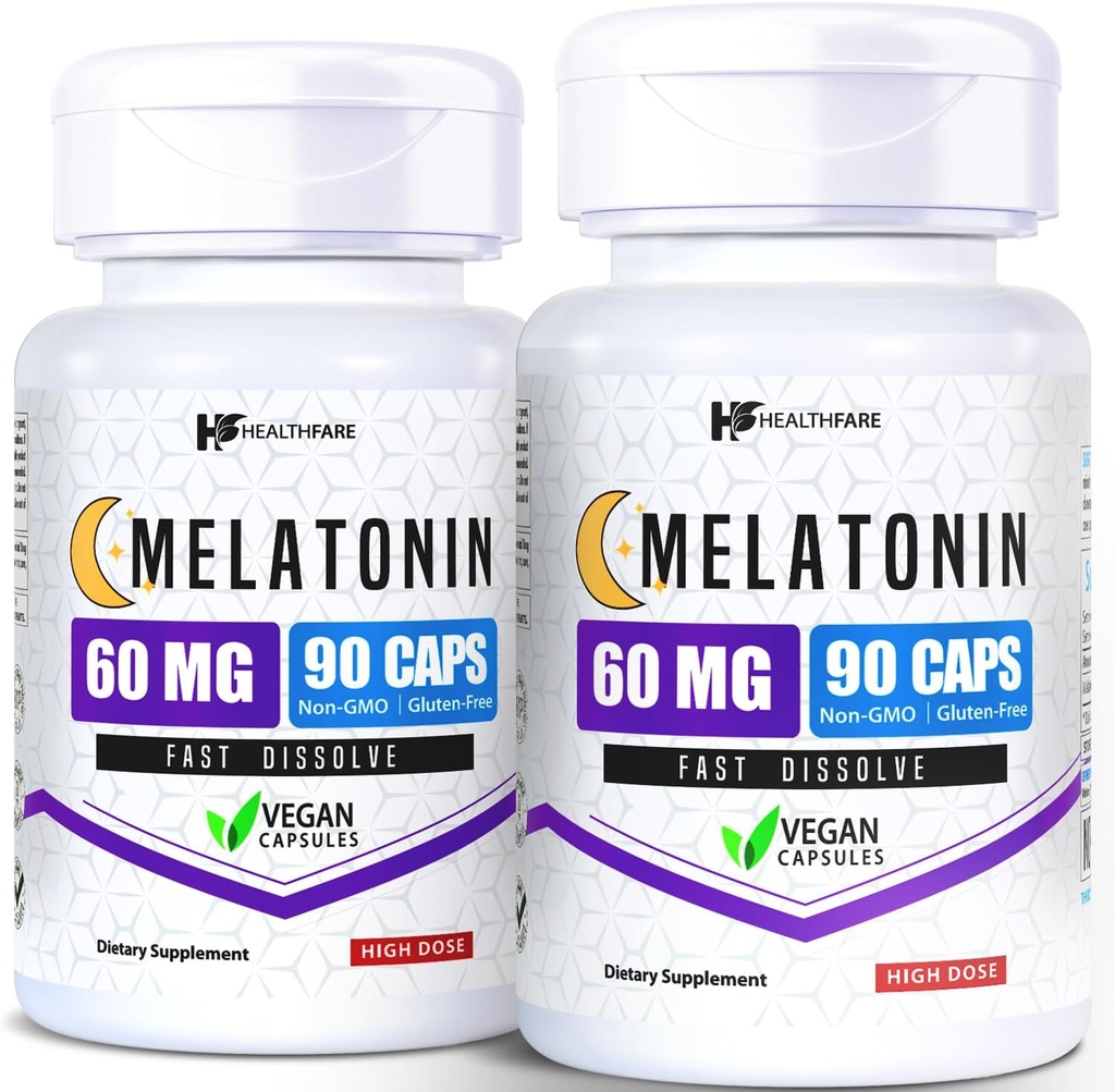 HealthFare Melatonin 60mg , pack de 2 , 90 gélules de légumes chacune , formule haute résistance , Végétarien , non-OGM , sans gluten , Fabriqué aux États-Unis