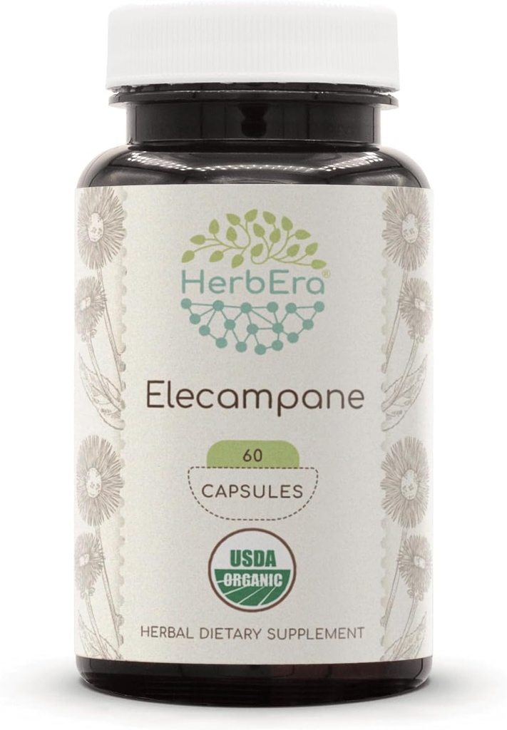 HerbEra Elecampane USDA Organic 60 Capsules.com Complément naturel aux plantes.com Capsules végétales biologiques certifiées et Elecampane biologique (Inula Helenium) Racine séchée (60 Capsules)