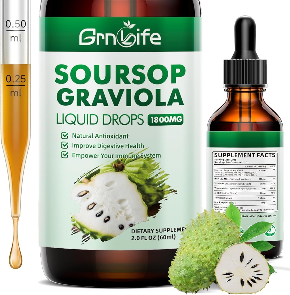 (1 Pack) Sourop Graviola Liquid Drop avec Moss & Turmeric, Sourop Bitters Liquid pour le soutien cellulaire et la régénération, Antioxydant et Immune, 2 Fl/Oz