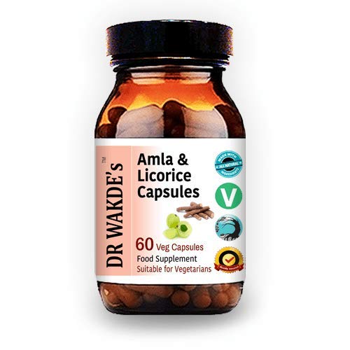 Les capsules Amla & Licorice de DR WAKDE (60 Veg Caps, pour l'indigestion acide, supplément ayurvédique, végétalien, à base de plantes, tout naturel, fabriqué au Royaume-Uni)