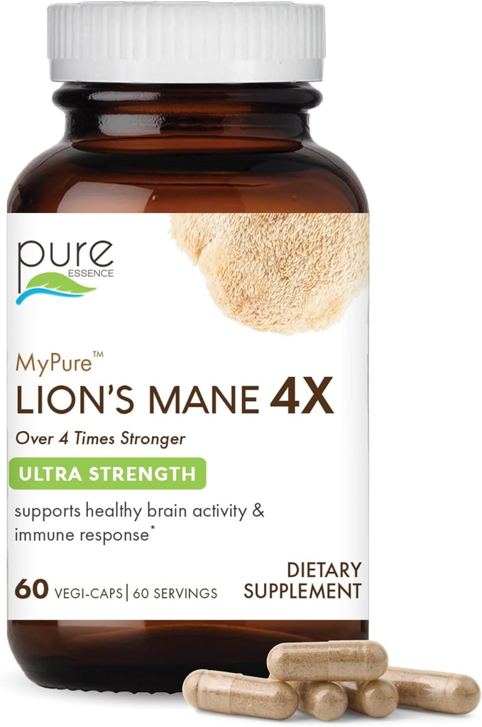 PURE ESSENCE LABS MyPure Lion's Mane 4X - Ultra Strength Cerveau Supplément avec 6:1 Extrait d'eau chaude et 10:1 Extrait pour la santé cognitive, Focus, Mémoire et Clarté mentale, 60 Capsules