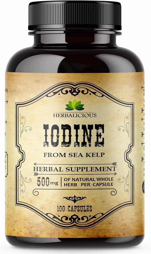 HERBALICIEUS Iodine Comprimés – Iodine naturelle de Sea Kelp – Supplément de soutien thyroïdien pour l'énergie, la digestion, le cerveau et la santé des os – Non-OGM, sans gluten – 100 capsules