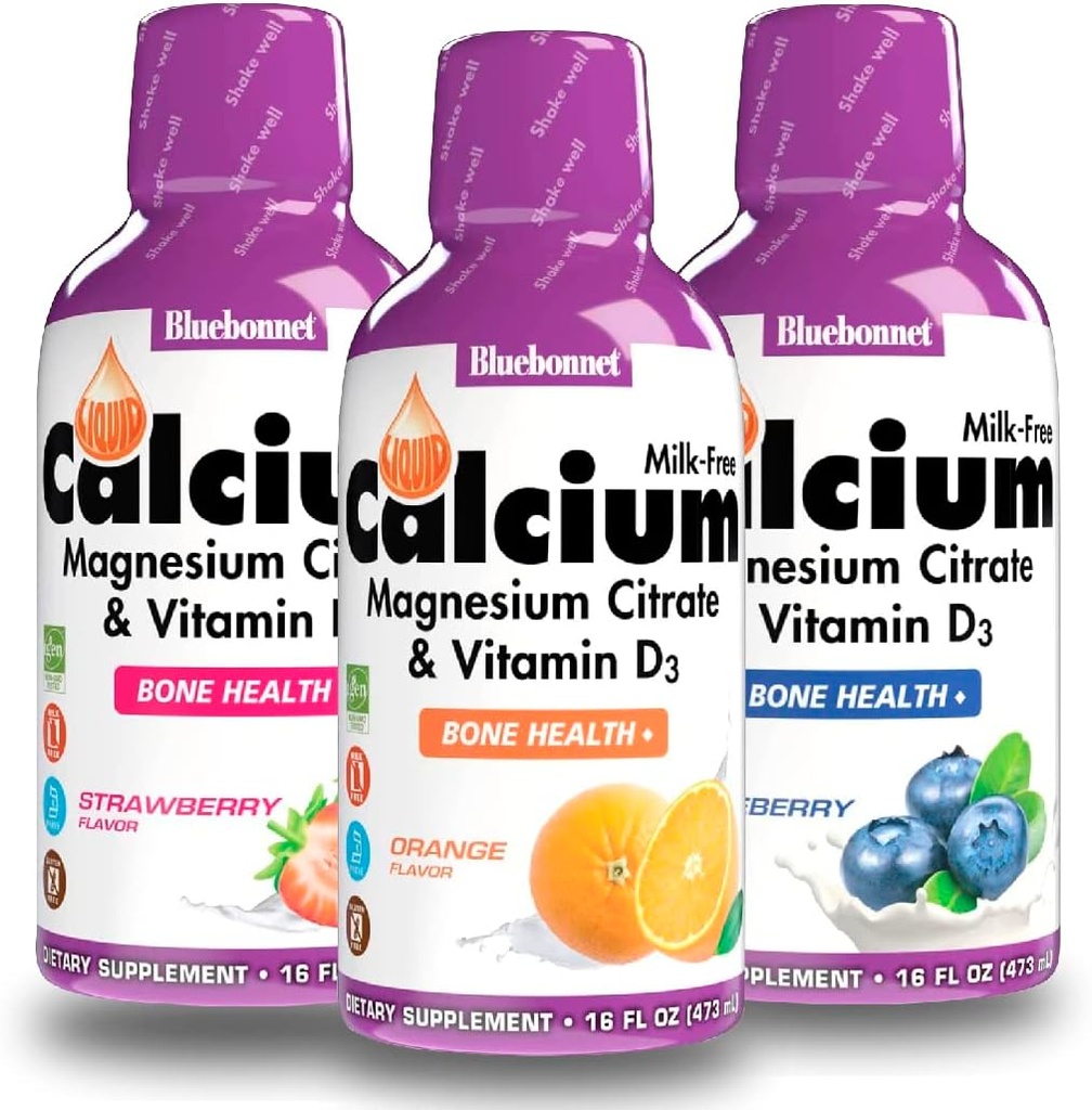 Citrate de calcium liquide de Bluebonnet Citrate de magnésium, vitamine D3- lot d'orange, de bleuets et de fraises, 3 bouteille de 16 Fl Oz chacune (48 Fl Oz Total)